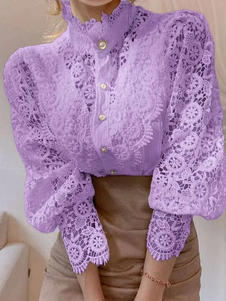 

Новые винтажные белые кружевные блузки больших размеров, женские корейские свободные рубашки на пуговицах, офисные топы, полые повседневные женские блузки