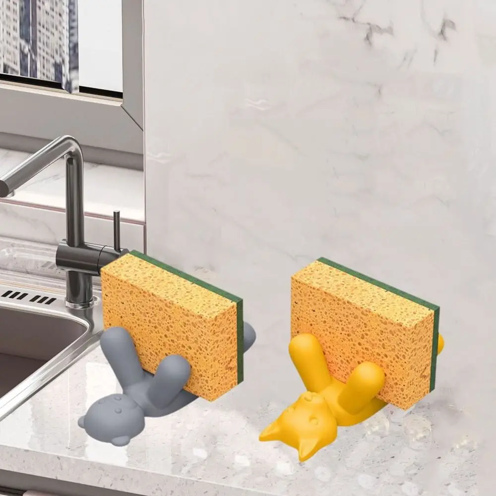 

2Pcs Silicone Sponge Drain Rack Cartoon Stand-up Space Saving Dishwashing Brush Storage Rack Movable Cat Bear Shape