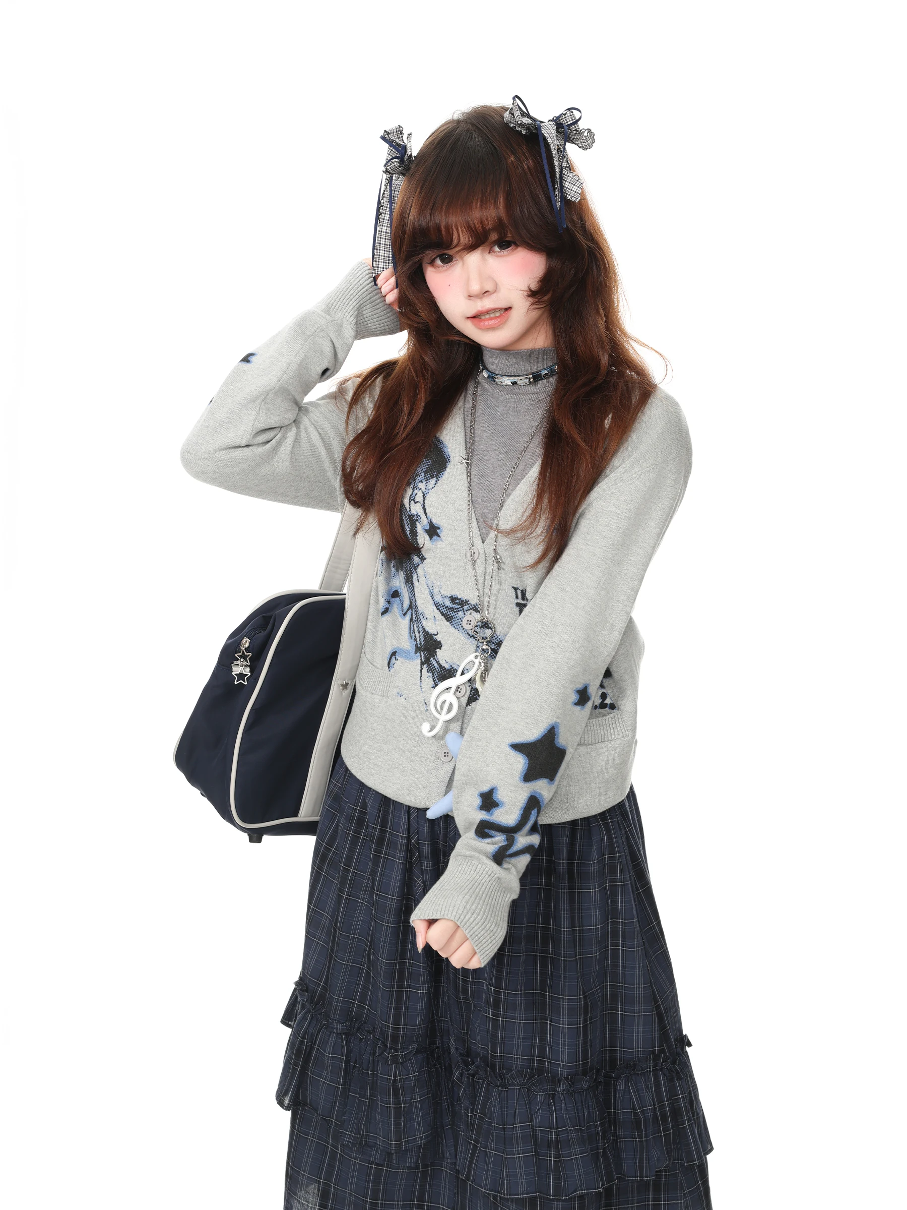 Blue Ghost Park Languid Park Y2K Subculture Cute Knitted Sweater Women's Casual Open Cardigan Sweater Soft Cotton Long Sleeve