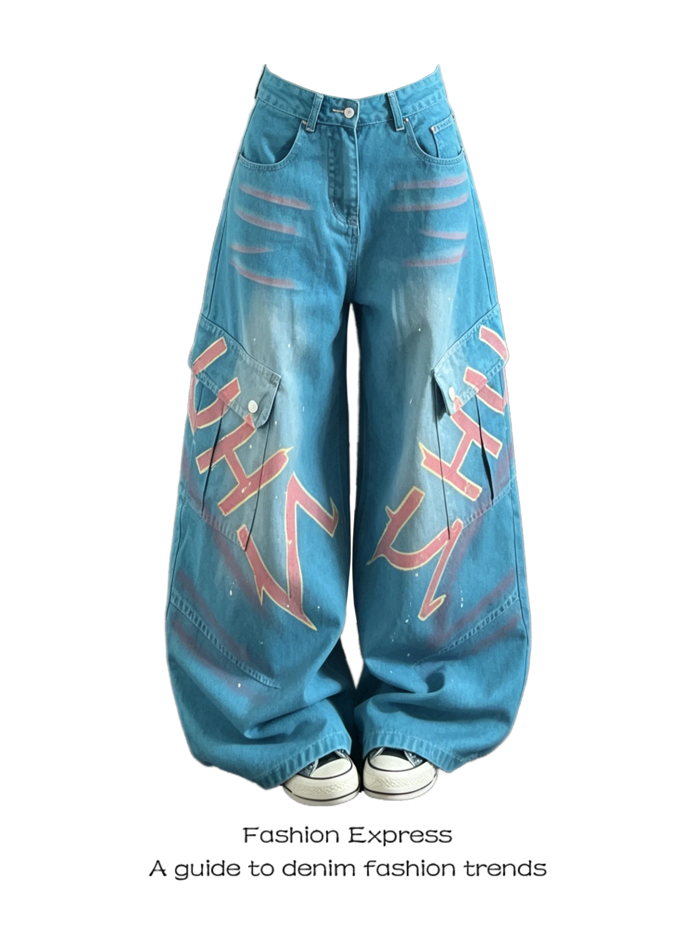 

Blue Denim Jeans Women's Summer 2026 New American Wash Graffiti Letter Casual Wide Leg Floor-Length Pants High Waist Casual S...
