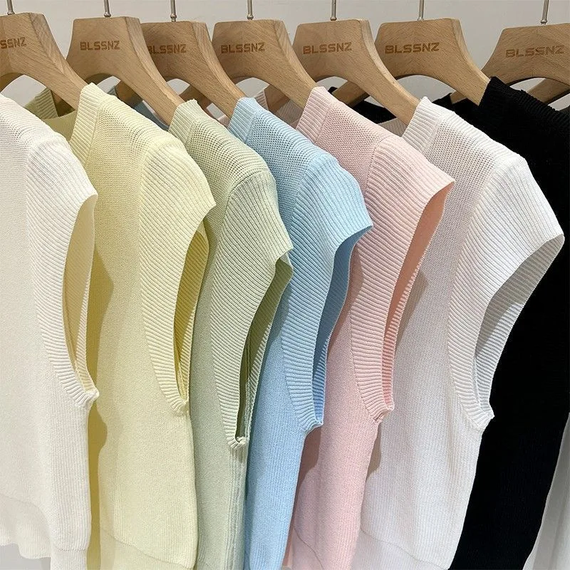 Eis Seide Stricken Kurzarm Sommer Neue Stil Vielseitiges T-shirt Ärmelloses Slim Fit Kurze Top Einfarbig