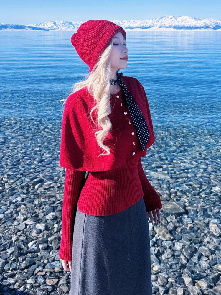 

Женский красный рождественский свитер-накидка в стиле Lazy Fashion, весна 2026, новая верхняя одежда, трикотаж, круглый вырез, длинный рукав, стандартный крой