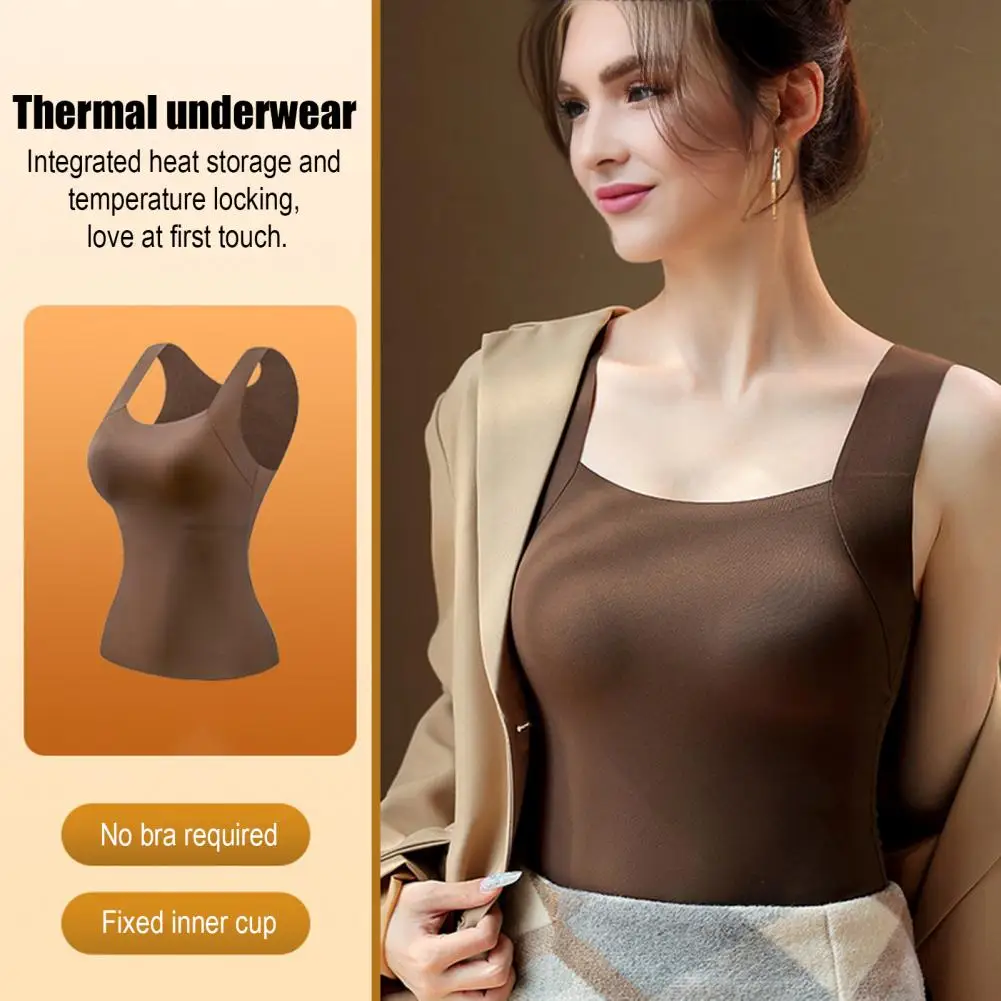 Thermal Tank Top For Women Fleece Lined Sleeveless Underwear Top With Built In Bra High Stretch Camisole Undershirt Base Layer