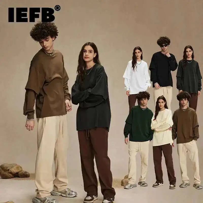 IEFB Men's Wear Spring New Trendy T-shirt Men's Wear Fake Two Piece Long Sleeve T-shirts Men Clothing Loose Casual Top 9C9353