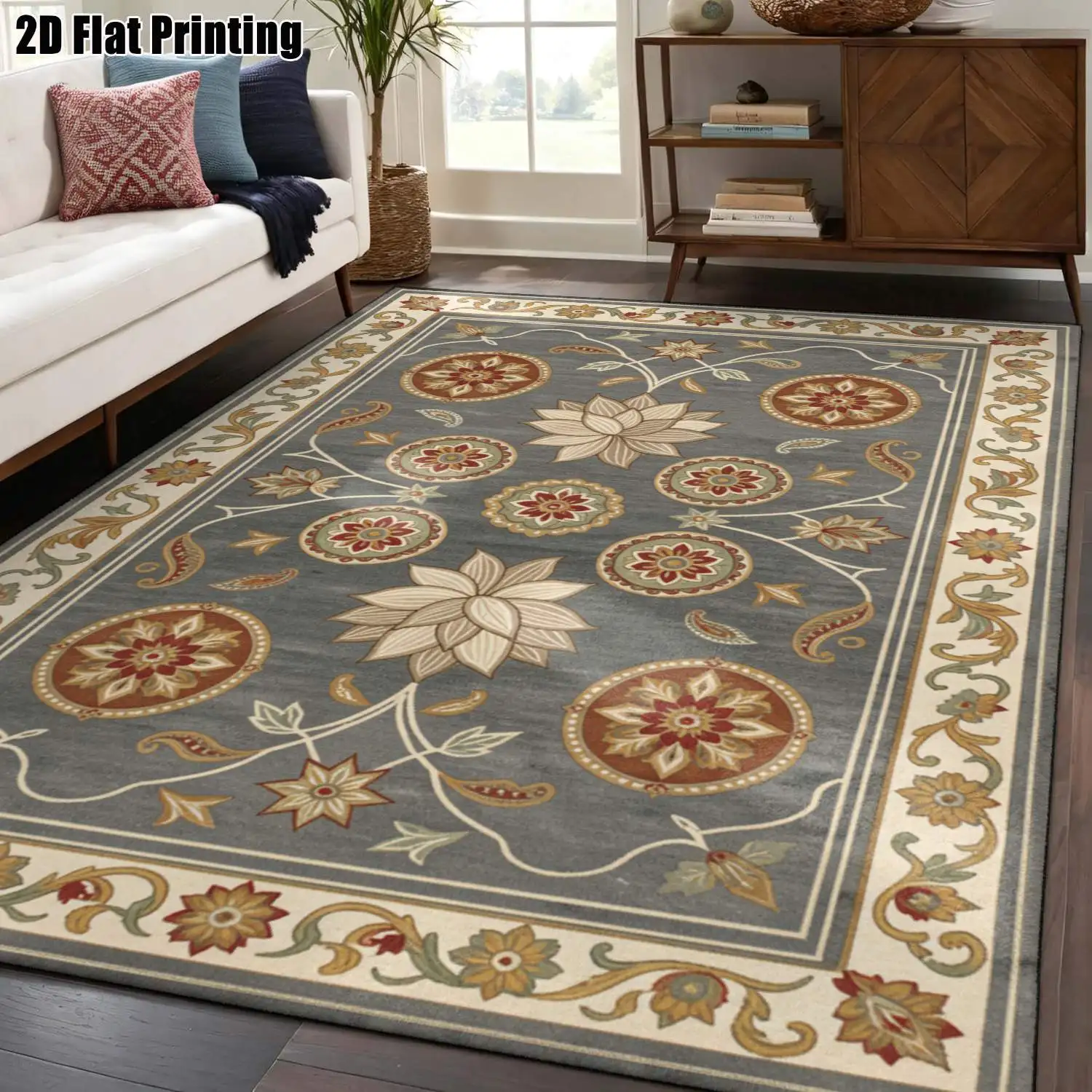 1Pc 2D Printed Blue-Grey Floral Vintage European Geometric Carpet, Machine Washable, Multi-Size, for Home Decor: Living Room, Bedroom, Dining Room, Entrance, Study