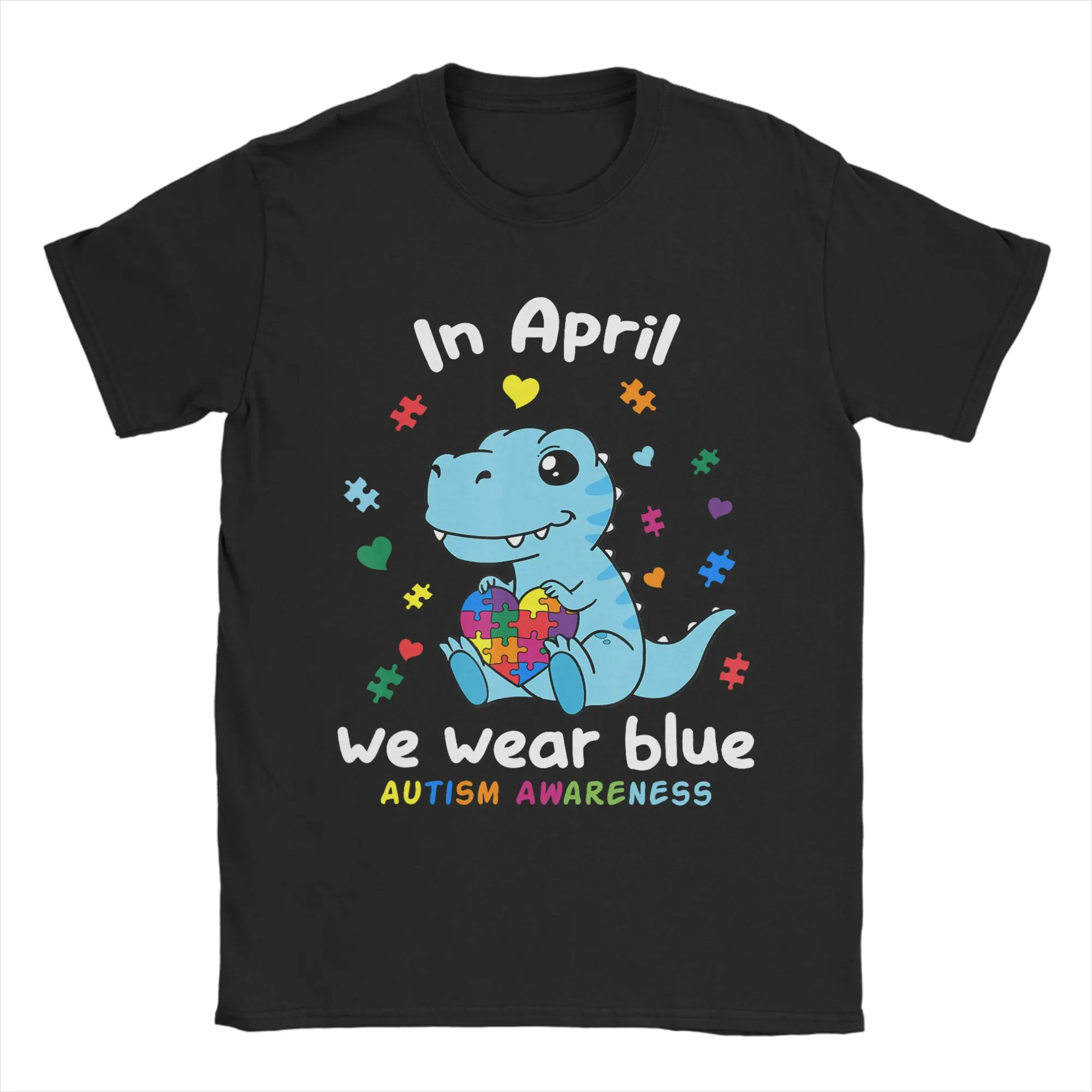 Vintage April We Wear Blue Autism Awareness T-Shirt for Men Round Collar Cotton T Shirt  Short Sleeve Tees Adult Clothing