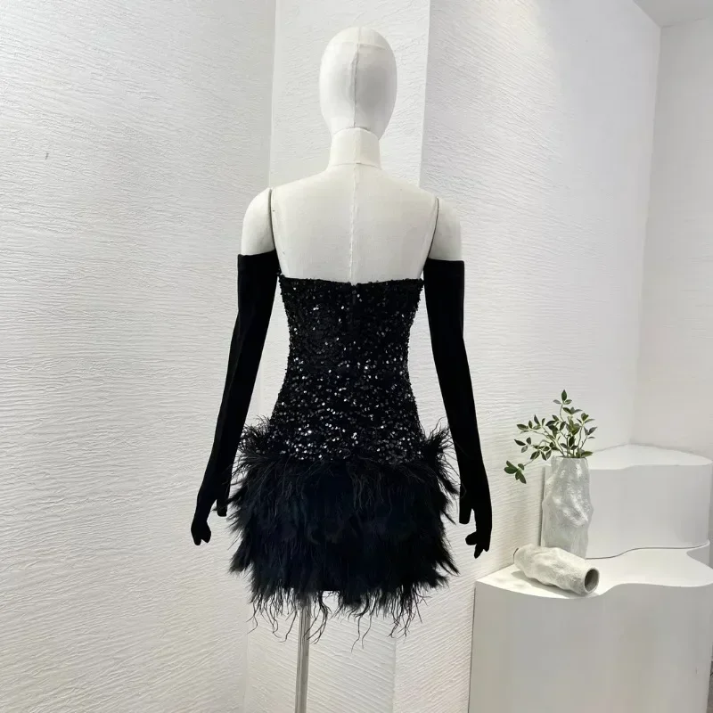 Women's Black Mini Dress Long Sleeve Feather Sequins Diamonds Sexy Style Tube for Party New High Quality 2024