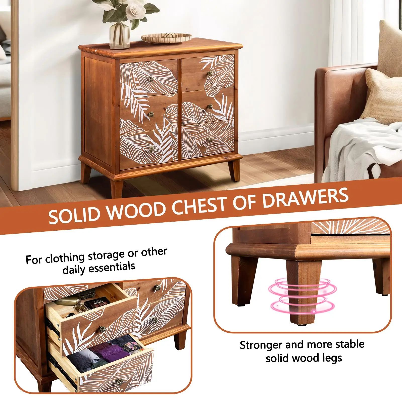 Bohemian 6-Drawer Chest with Brown Veneer & Solid Wood Frame, 80x40x73cm