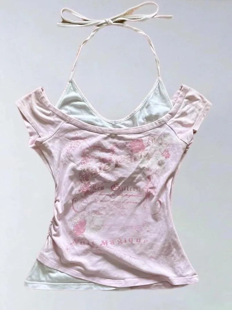 Camiseta con cuello Halter y cordones para mujer, a la Moda ropa de calle, blusa de dos piezas con estética Y2k empalmada, 2024