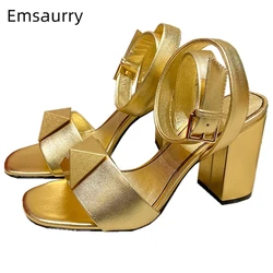 Genuine Leather Ankle Strappy Sandals Women Chunky Heel Luxury Big Metal Rivet Open Toe Summer Shoes For Girls