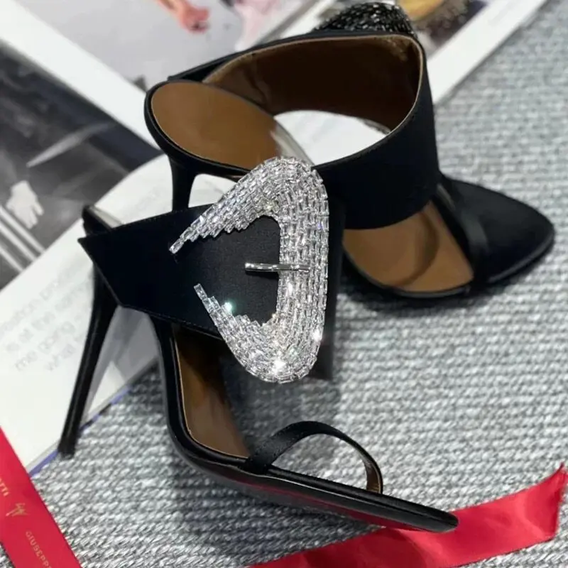 Square buckle rhinestone straight strap cool drag new pointed sexy external wear exposed toe half drag high-heeled sandals