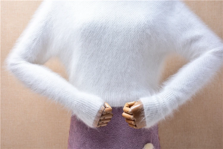 Female Women Fall Winter Cute White Hairy Angora Rabbit Hair Knitted Long Sleeves Turtleneck Crop Top Slim Blouse Sweater Jumper