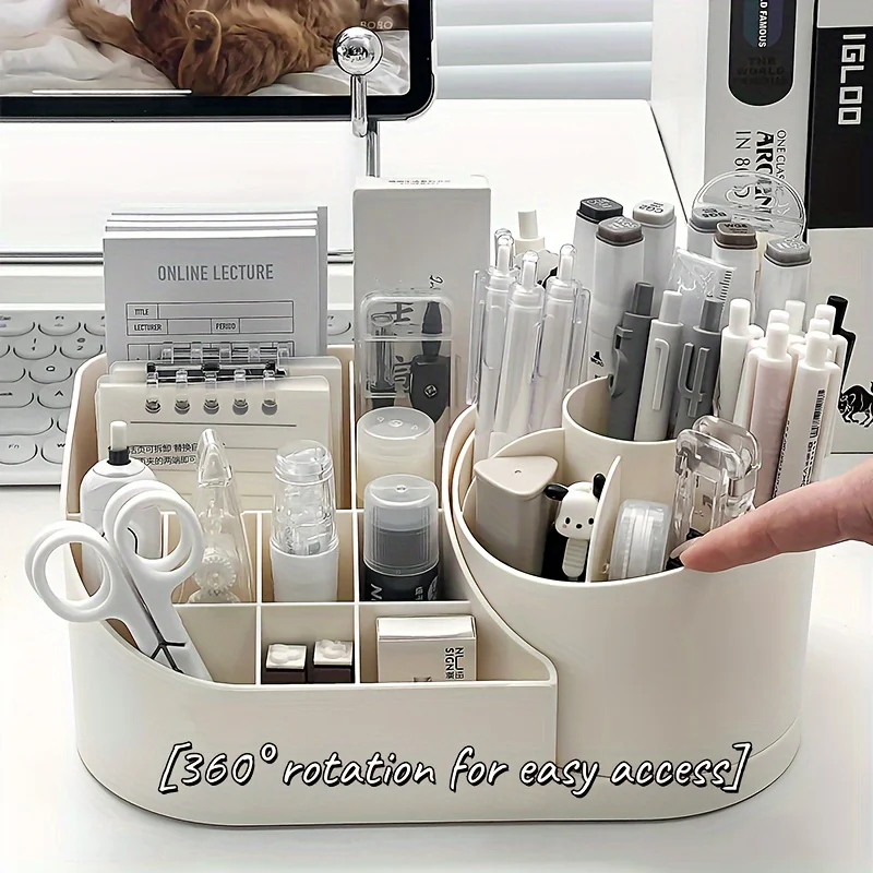 1pc Multi-Functional 2-in-1 Desk Organizer with 360-Degree Rotating Pen Holder, Large Capacity Plastic Storage Caddy for Office