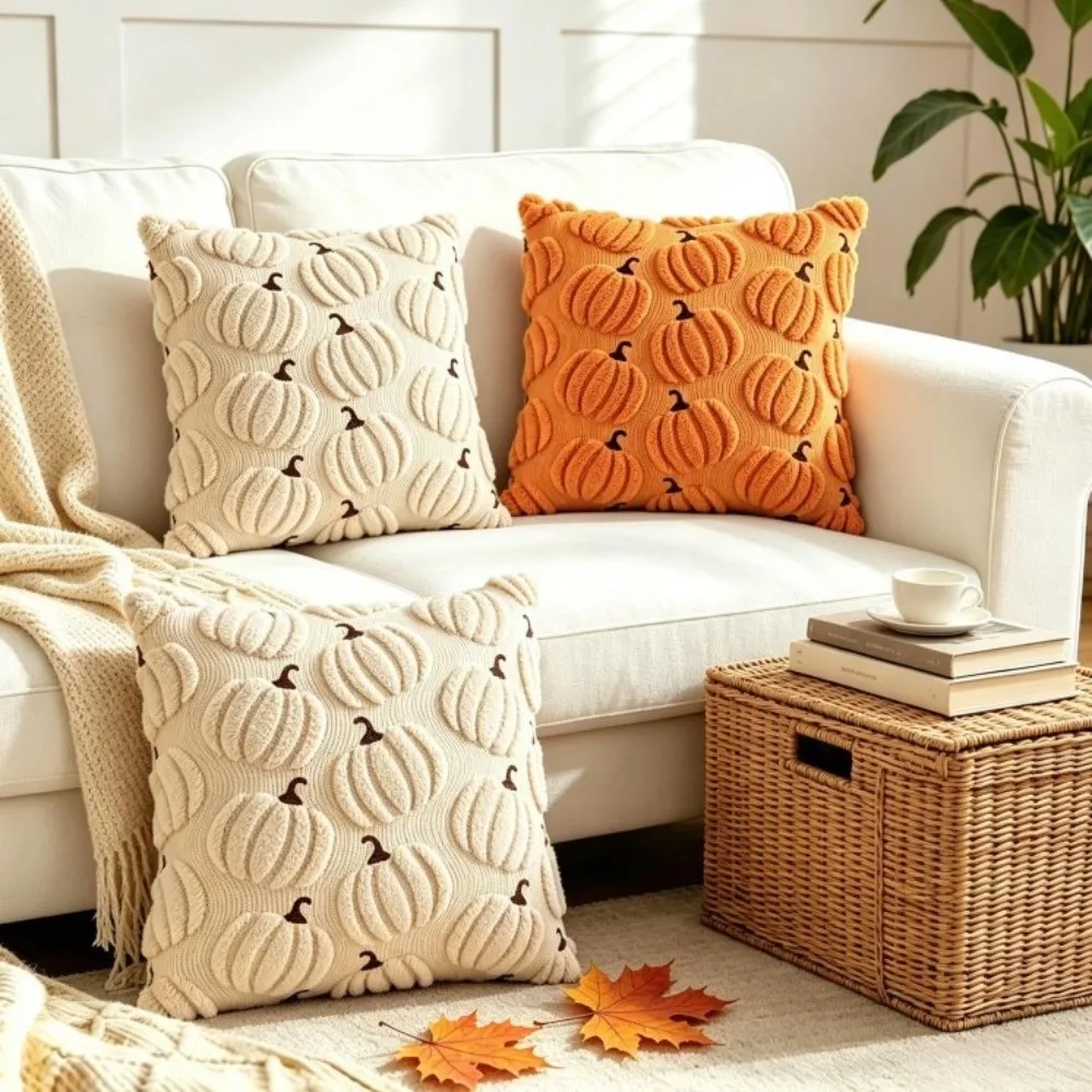 New Pumpkin Pattern Plushie Pillow Cases Square Shape 18x18inch Holiday Pillow Cover Washable Cushion Cover Holiday Decor