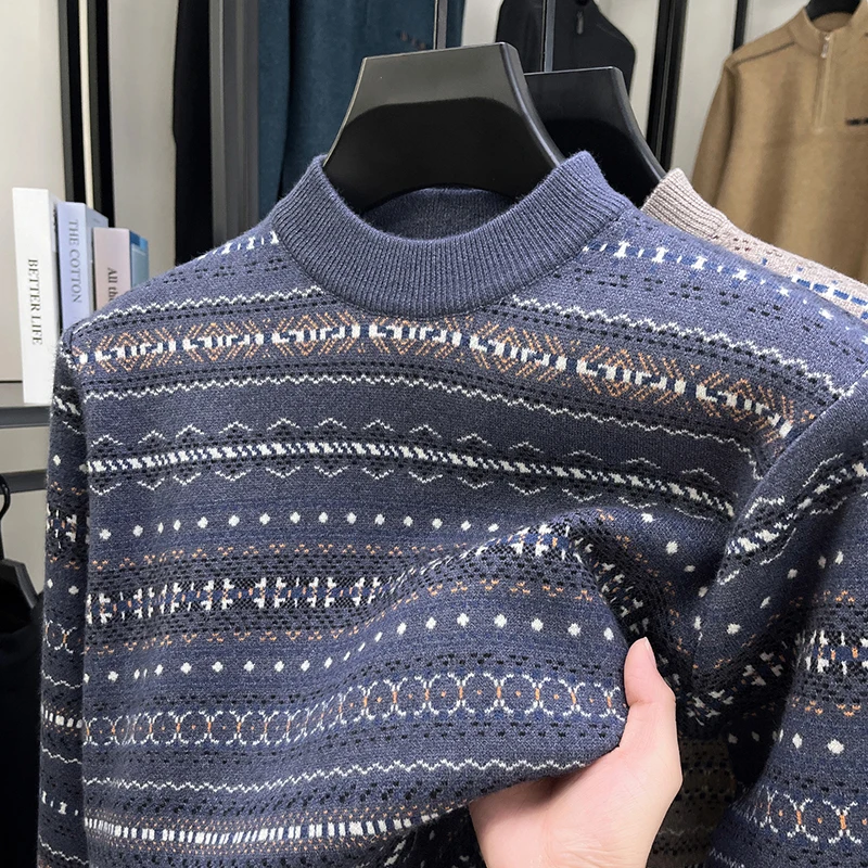

2025 New Men's Jacquard Thickened Warm Half High Neck Knitted Sweater