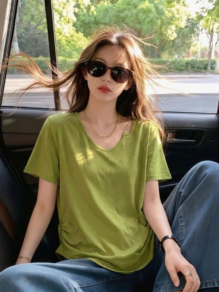Slimming Effect Green U-Neck Short Sleeve T-Shirt Women's plus Size Design Sense Korean Style Commute Wind Summer New Arrival