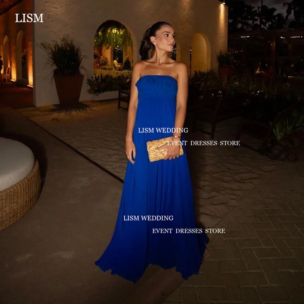 

LISM Elegant Navy Blue Chiffon Evening Party Dresses 3D Flowers Strapless Long Pleat Prom Gowns Saudi Arabic Women Forma Dress