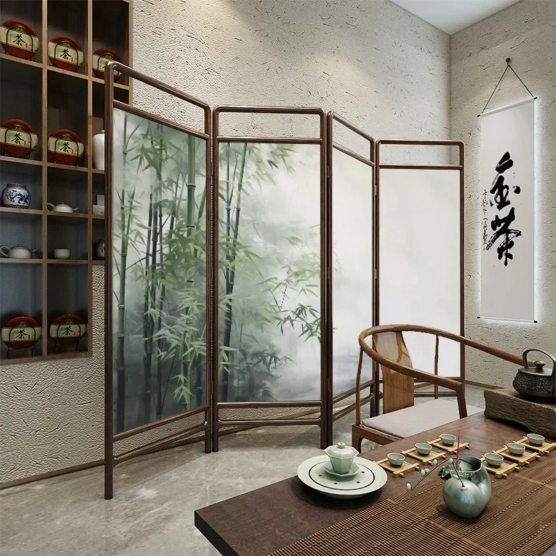 New Chinese style Song Dynasty aesthetics simple bamboo mobile folding screen partition living room sofa background wall tea roo