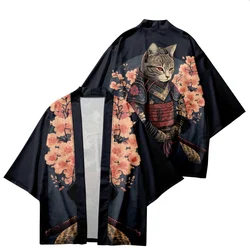 Kimono con estampado de samurái Sakura japonés para hombre y mujer, cárdigan de talla grande, ropa tradicional Harajuku, Haori de playa de verano