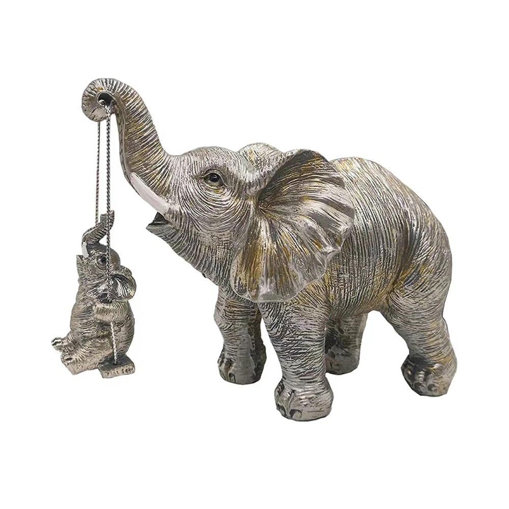 Golden Silver Playing Swing Elephant Statue For Home Decor Animal Sculptures Mom Child Elephant Mother's Day Figurine Decorative