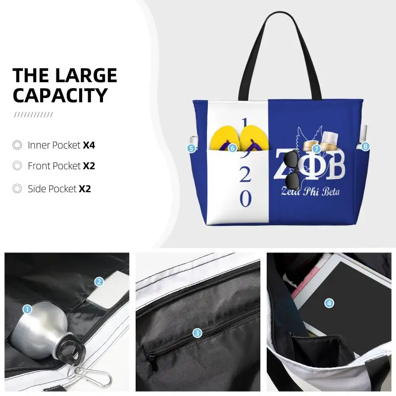 Zeta Phi Beta Large Waterproof Beach Bag Women Sandproof Pool Tote Bags with Zipper and Pockets for Gym Swim Travel Vacation