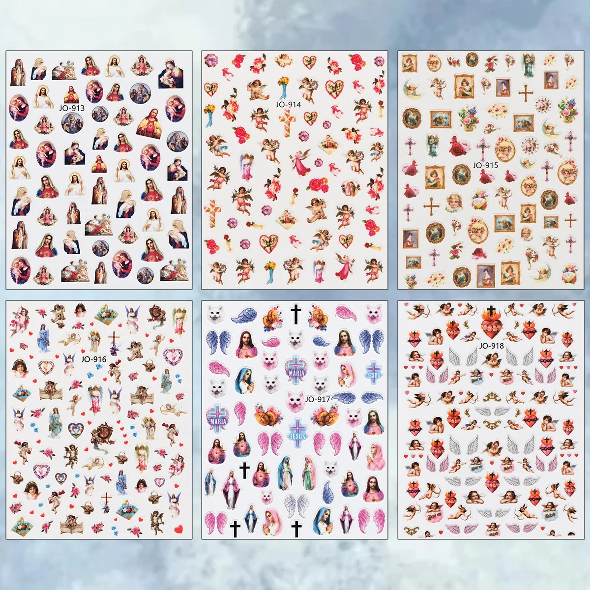 3 to 12 Sheets 3D Vintage Jesus Virgin Mary Angel Cherub Cross Rose Sacred Heart Religious Self-Adhesive Nail Art Stickers