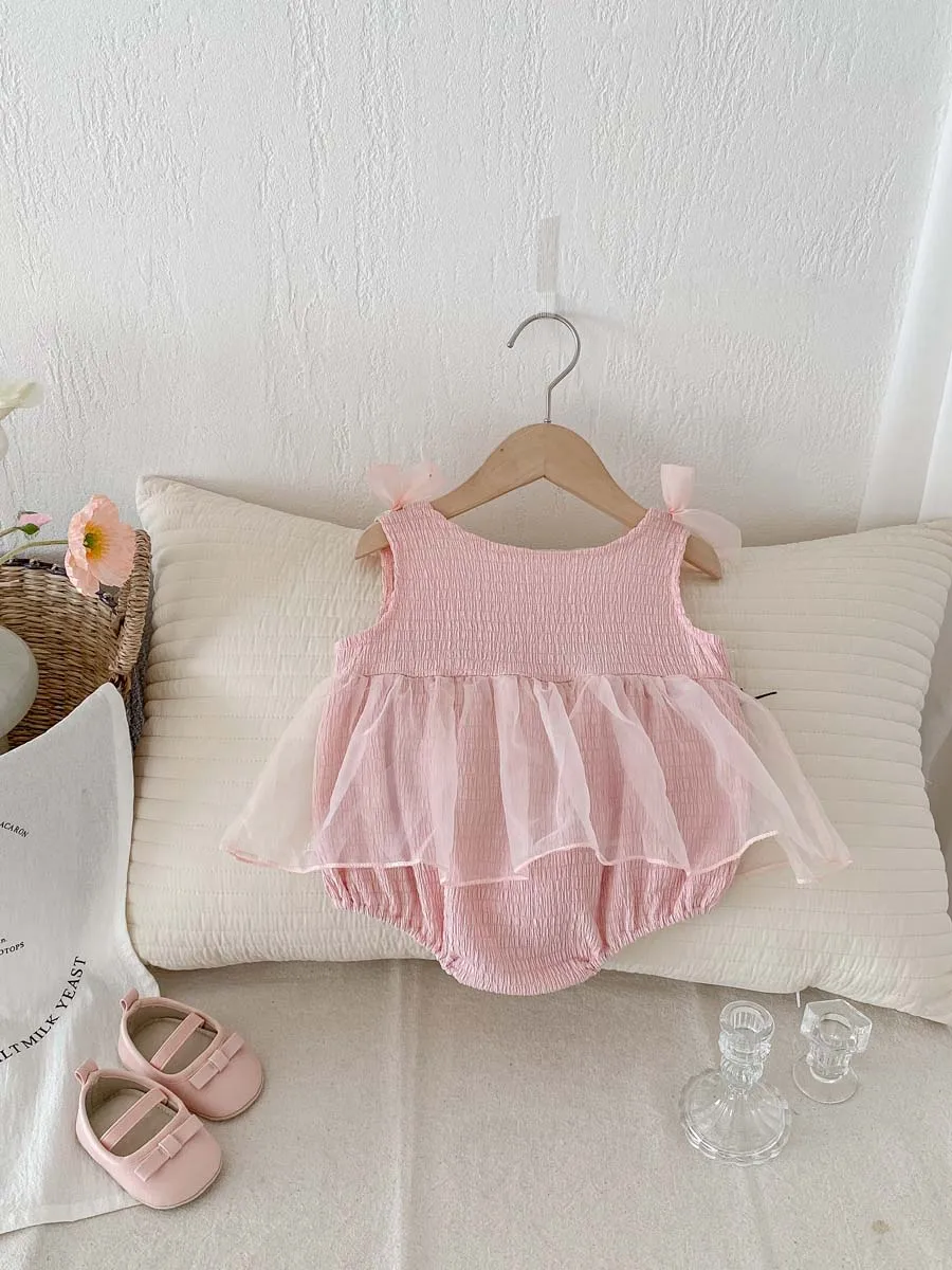 Baby summer thin camisole jumpsuit for girls, sweet bow and mesh princess jumpsuit for summer