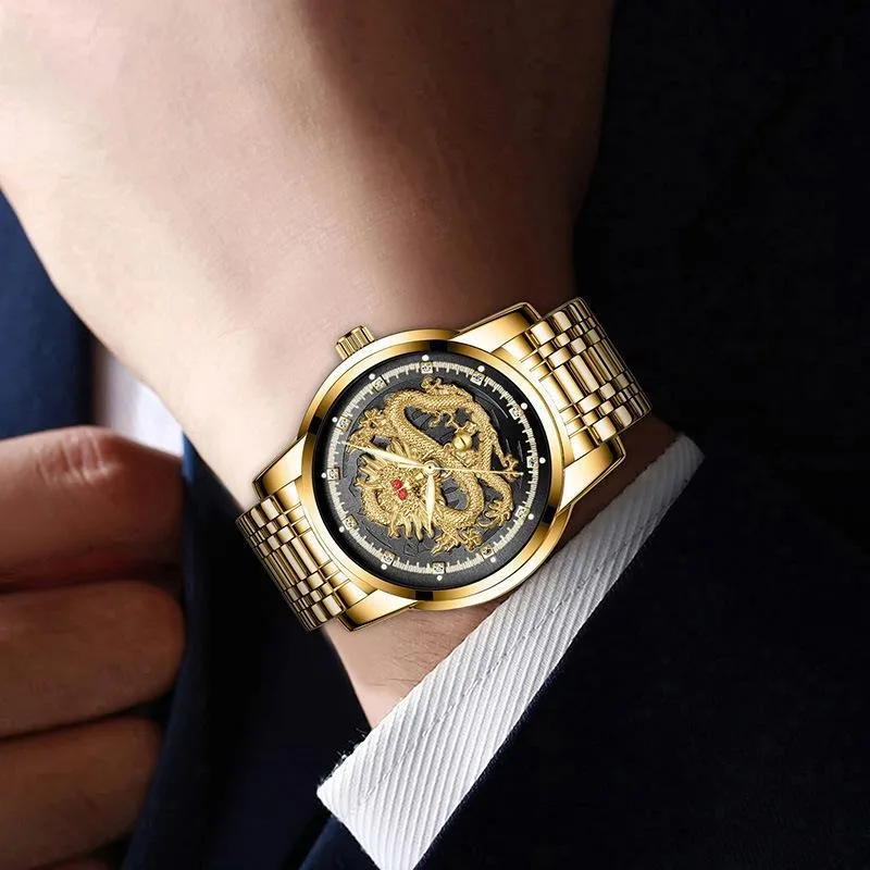Мужские часы со стальным ремнем, светящиеся бриллианты, инкрустированные рельефом, золотой дракон, рубиновый дракон, кварцевые часы