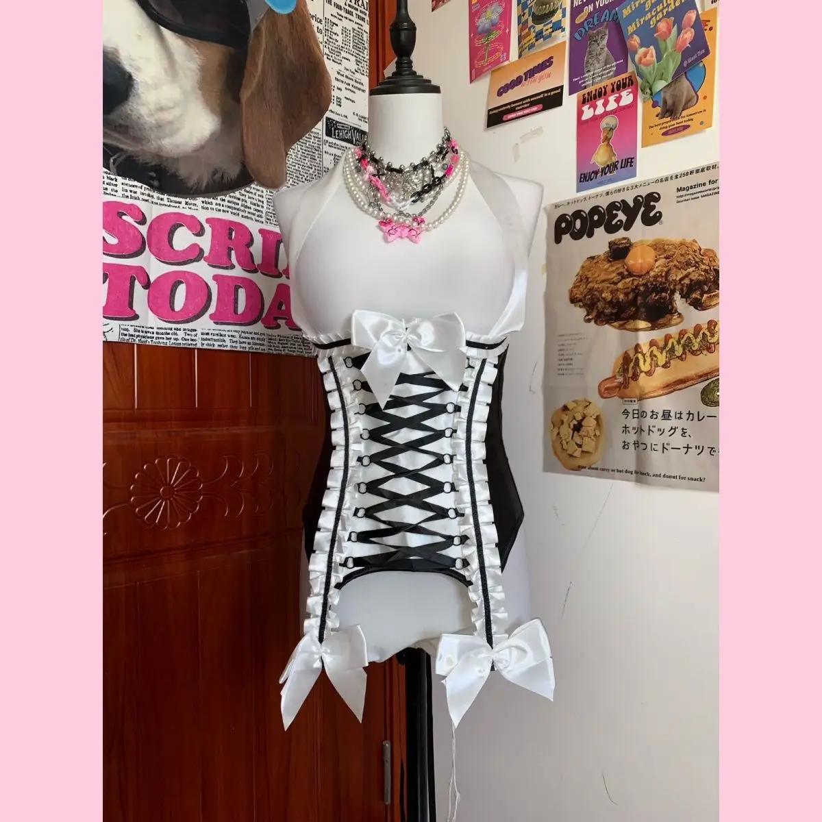 Damen Gothic Lolita Halter Korsett Taillentrainer Schwarz Weiß Rüschenbesatz Große Satinschleife Schnürung Schlankes Bustier Alt Dark Coquette Top
