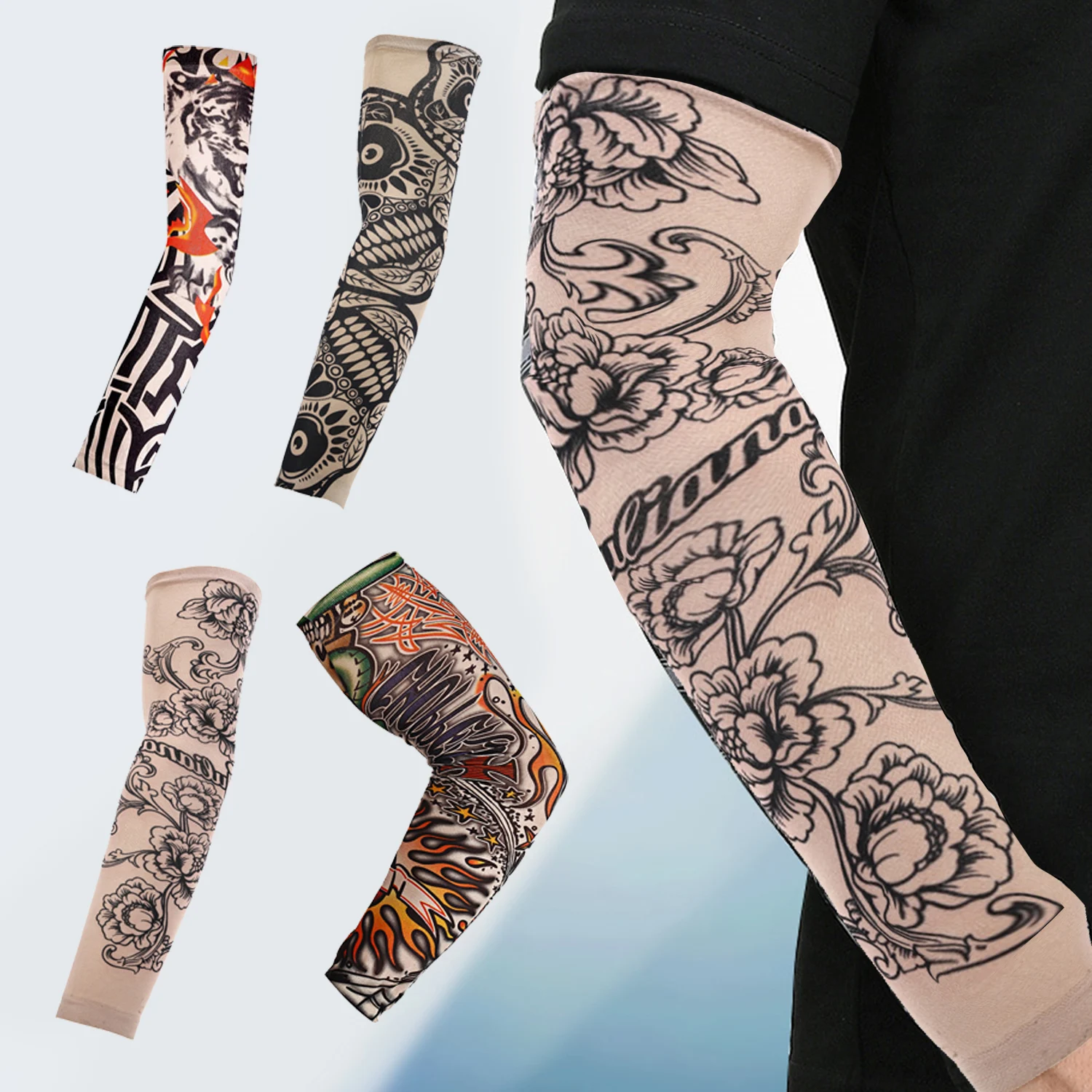 Mangas de brazo de flores para tatuaje, manguito de hielo de enfriamiento de verano, protección solar elástica, calentador de brazos, protección