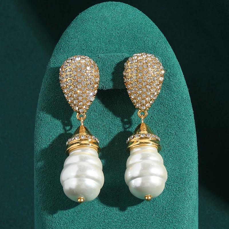 

Antique Jewelry Baroque White Rhinestones Gold Color Studded Water Droplet Natural Pearl Earrings Vintage Luxury Bride for Women