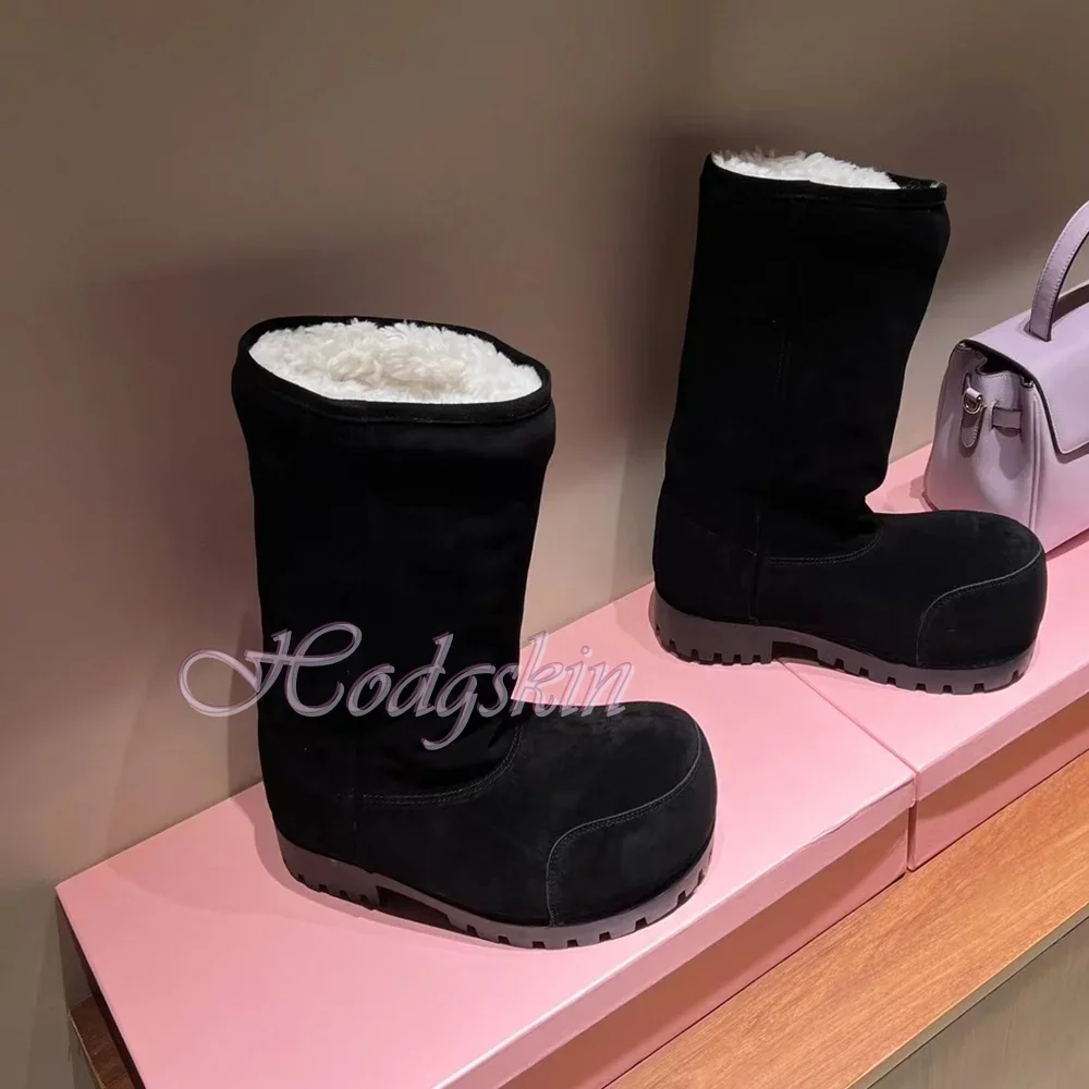 Big Head Winter Warm Boots Round Toe Solid Knee High Boots Women New Shoes Thick Sole Slip On Fur Suede Ladies Casual Long Boots