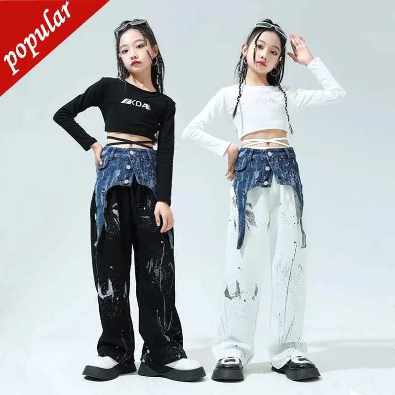 Girls Streetwear Crop Top Splash Ink Loose Pants Child Hip Hop Graffiti T-shirt Clothes Sets Kids Cool Street Dance Jazz Costume