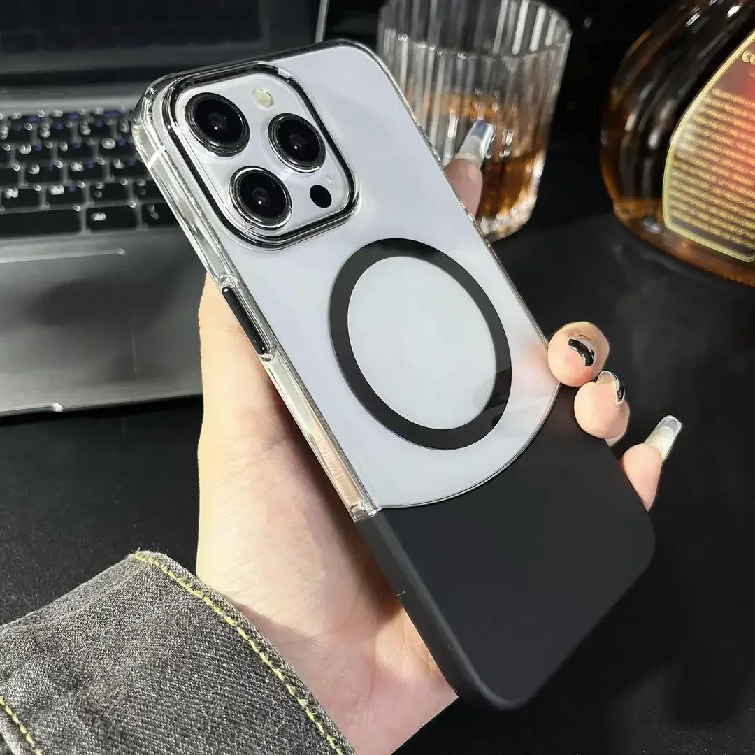 

Luxury Dual Color Splicing Magnetic Charging Phone Case for iPhone 15 14 13 12 11 Pro Max Titanium Gray Shockproof Hard cover