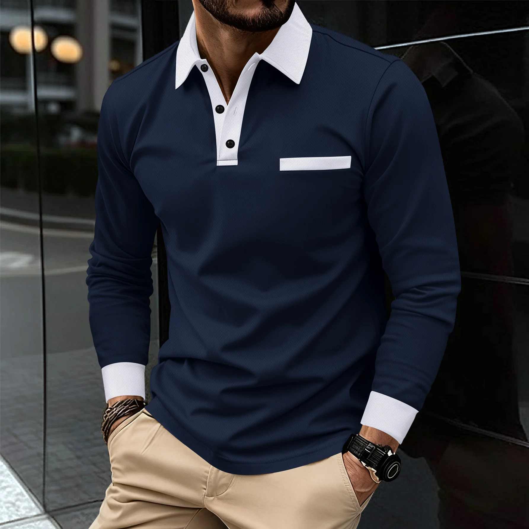 

2025 Spring and Autumn Men's Polo Shirt Lapel Pocket T-shirt Men's Business Casual Long sleeved European and American Plus Size