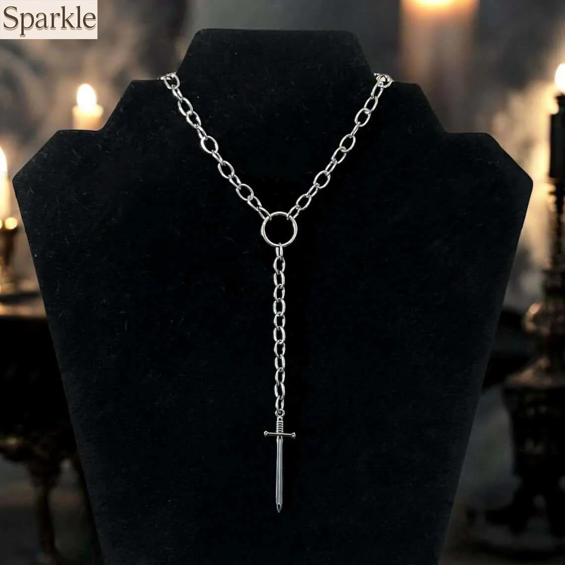 

Y2K Drop Sword Pendant O-Ring Lariat Chain Necklace For Women Men Alternative Punk Gothic Fashion Neck Jewelry Accessories