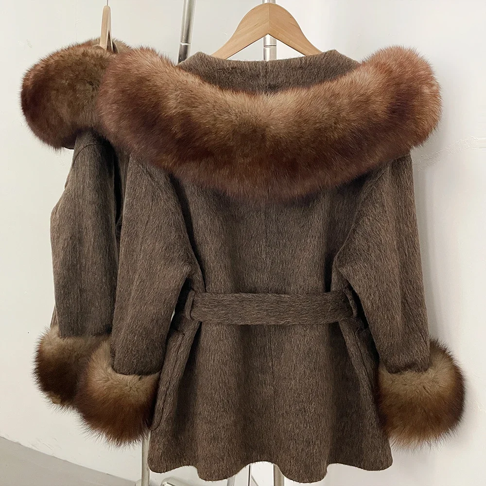 OFTBUY Winter Warmer Dicker Modischer Wollmantel Neuer Eleganter Taillierter Wollmantel für Damen mit Echtem Pelzkragen und Kapuze – Detail 24