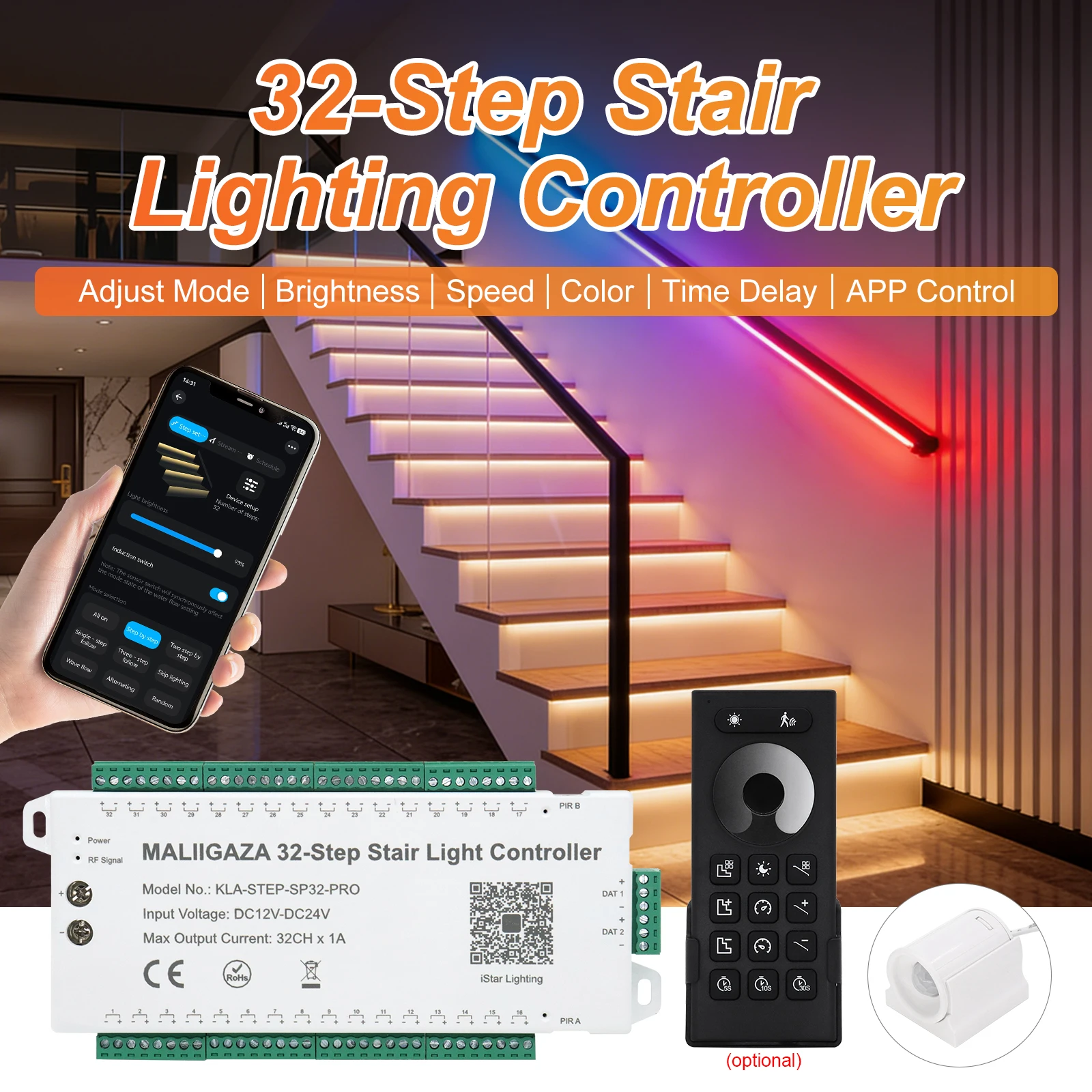 Stair Light Controller LED Strip Dimmer With Remote Daylight Sensor Motion Sensor SPI 1-32 Steps LED Light Controller