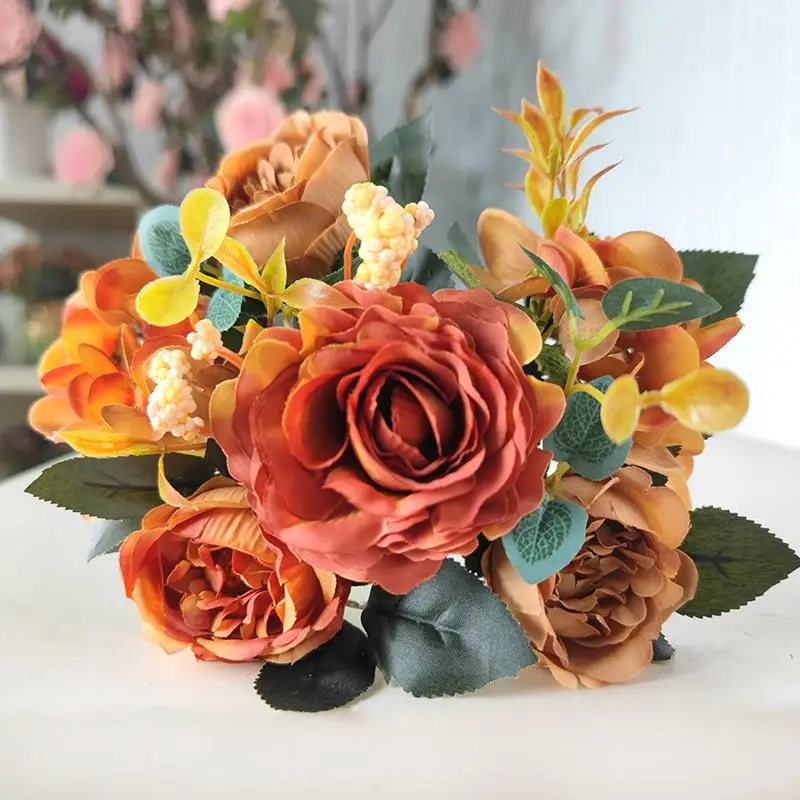 Artificial Flower Vintage Silk Bride Rose Bouquet Hydrangea Peony Vintage Bridal Faux Plant Home Wedding Decoration Accessories