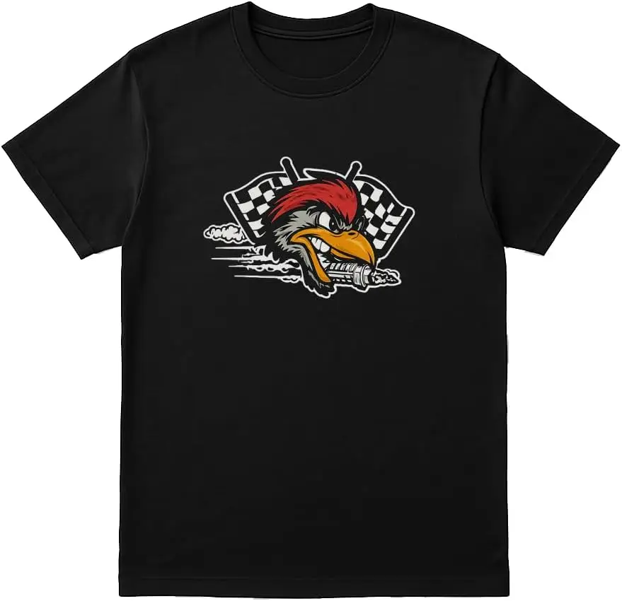 Cool Cartoon Woodpecker T-Shirt Racing Flag Graphic Tee Unisex Black Shirt Funny Muscle Car Style - S To XXL 100% Cotton Trendy Y2K Short-Sleeve Tee – Soft, Quick-Drying,  Wrinkle Resistant Light Cotton Graphic Tshirt Soft Stretchy Casual
