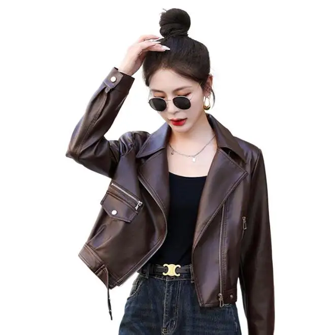 여성용 숏 코트 인조 가죽 재킷 턴다운 칼라 PU 코트 워크 Y2K 스트리트웨어 재킷 지퍼 아우터웨어 가을 겨울