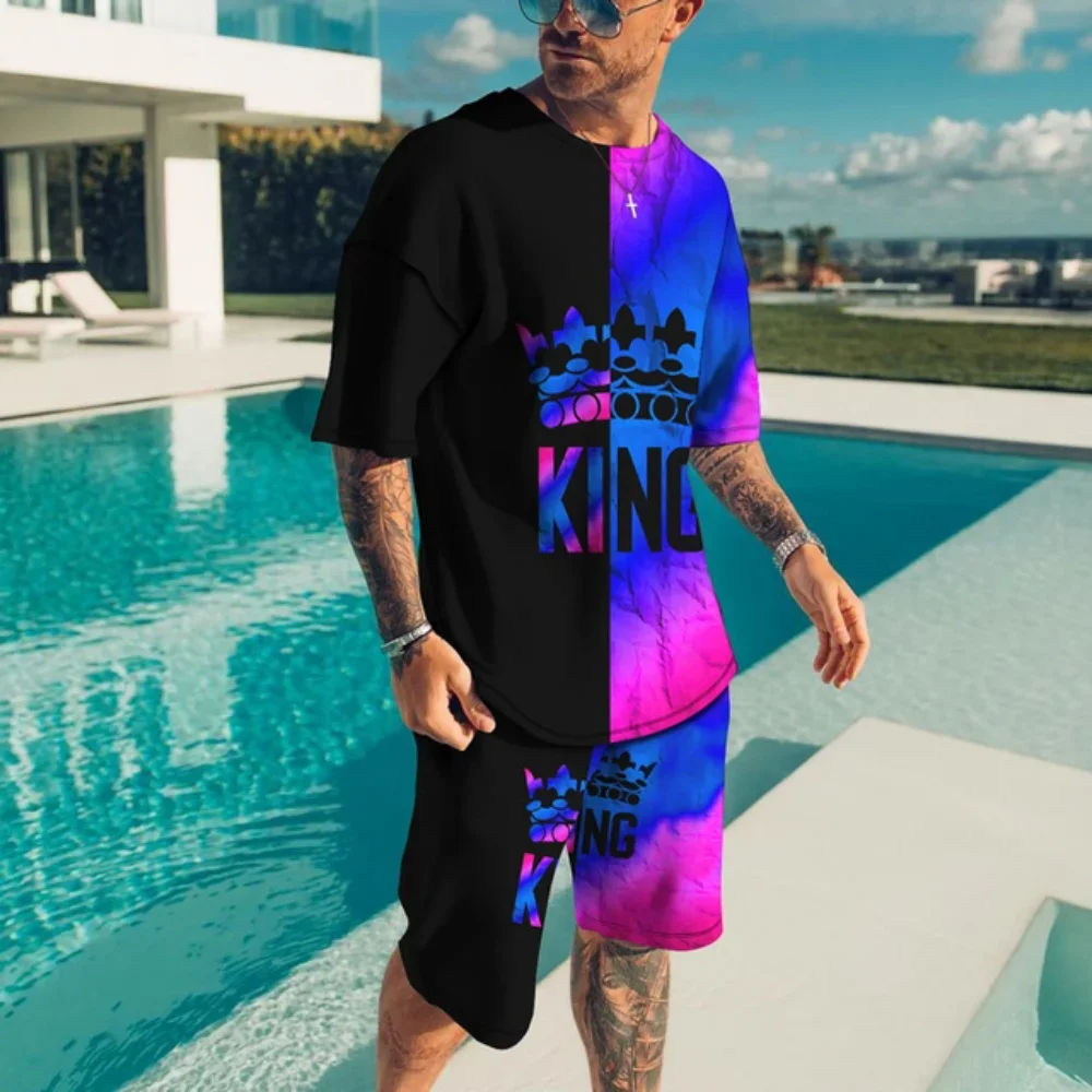 

Летние мужские футболки, модный костюм, комплект с принтом «Король Лев», спортивный костюм для мужчин, одежда оверсайз, футболка с 3D-принтом, шорты, спортивная одежда