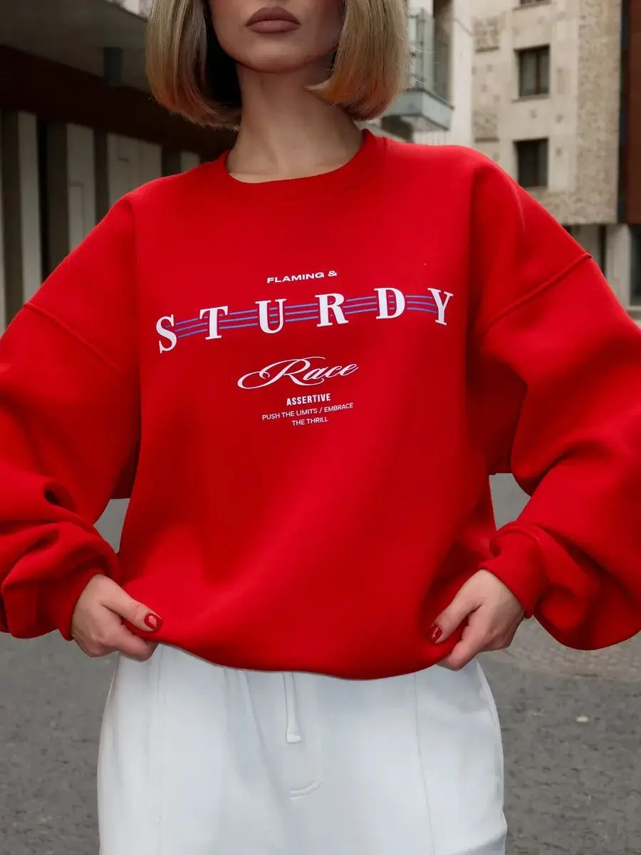 

Американская женская уличная модная блузка, красные толстовки, осенние топы, модная милая толстовка с круглым вырезом и принтом букв, свободная толстовка большого размера