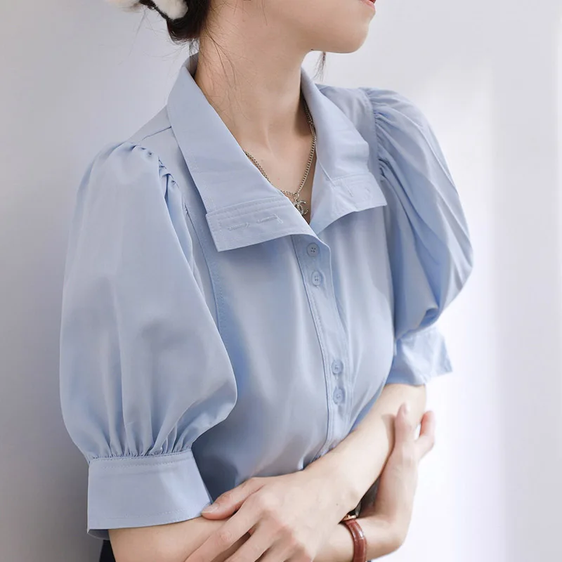 

French Style Blue Shirt for Women Summer Petite Turn-down Collar Short Sleeve Blouse with Puff Sleeves