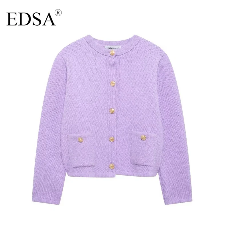 EDSA Women Knit Cardigan with Golden Buttons Round Neck Long Sleeves Patch Pockets Spring Autumn Single Breasted Sweater Coat