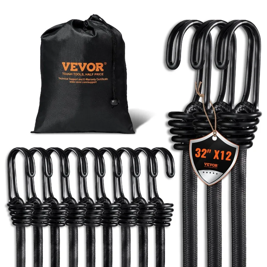 

12 Pcs Bungee Cords with Hooks 32 In Heavy Duty Bungee Straps 8 mm Black