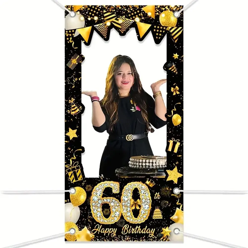 Sfondo Fotografico 3x2.4m Nero E Oro – Happy Birthday Con Palloncini E Fuochi D'Artificio Per Compleanni E Party