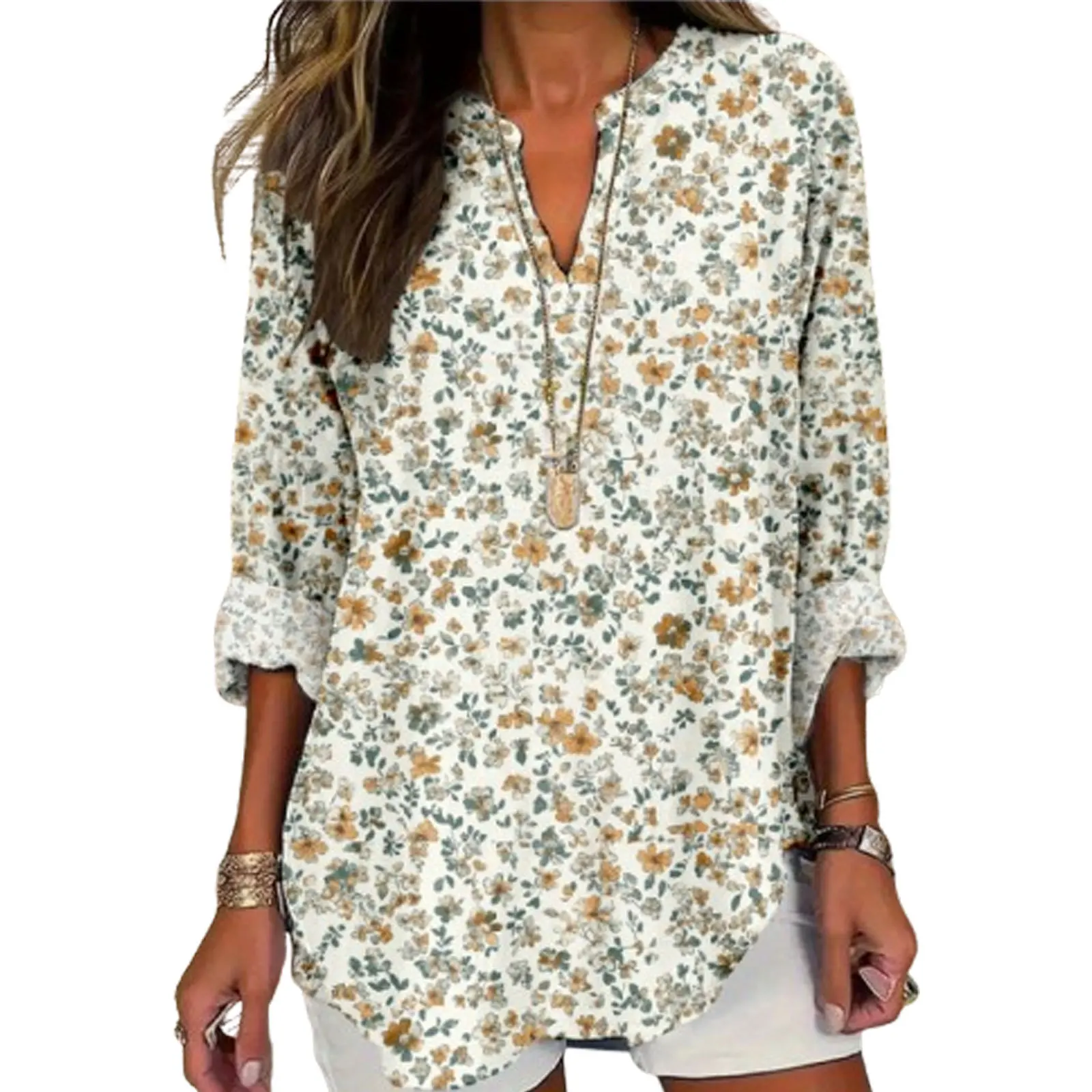เสื้อเชิ้ตผ้าลินินลายดอกไม้สไตล์โบฮีเมียนสำหรับผู้หญิง คอวี แขนยาว เสื้อคลุมพิมพ์ลายวินเทจ สวมใส่สบายทรงหลวม เหมาะสำหรับฤดูใบไม้ร่วง