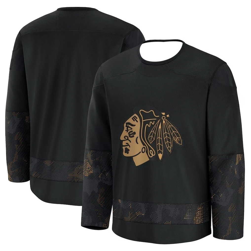 

Hockey Jersey - Black with Gold Accents Stylized Native Head Logo Camo-Inspired Pattern Unique Design 3d HD Prints