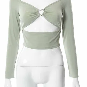 Damen -Oberteile mit VO Hollow -Ausschnitt, Langarm, Quadratschack, dünn -ribbed t -Shirts, Rückenless T -Shirt, lässige Mode, Frühling und Herbst 12 Hauptverkäufe Top Clake in V - №9